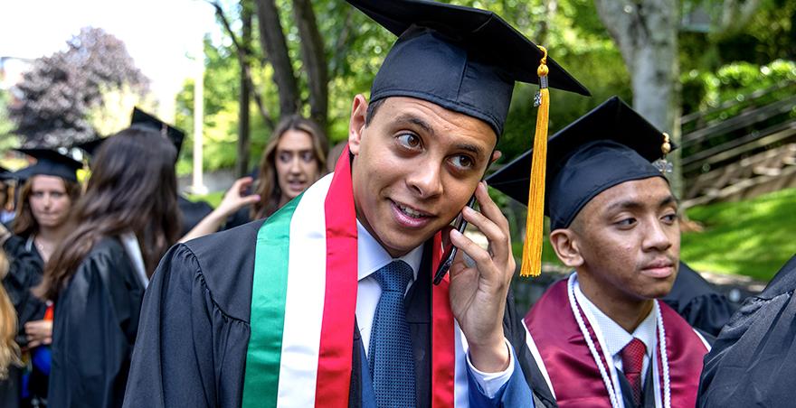 Student talks on cell phone while at Seattle Pacific University